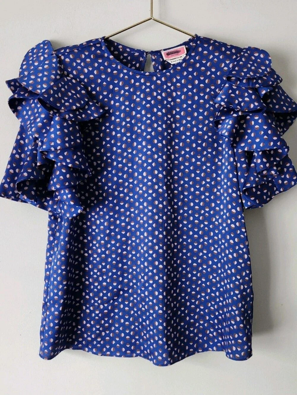 Kate Spade Blue Blouse Geo Dot Ruffle Sleeve  Corpcore Office Size XS Romantic